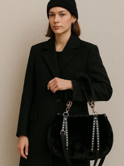 Umbra Siyah Peluş Omuz Çantası – Leopar Askılı, Altın Detaylı Kışlık Model - Görsel 4