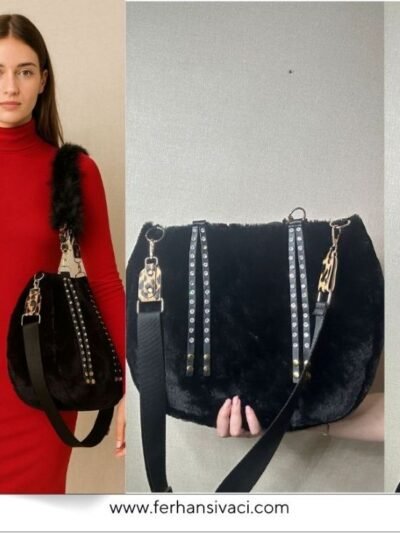 Umbra Siyah Peluş Omuz Çantası – Leopar Askılı, Altın Detaylı Kışlık Model - Görsel 9